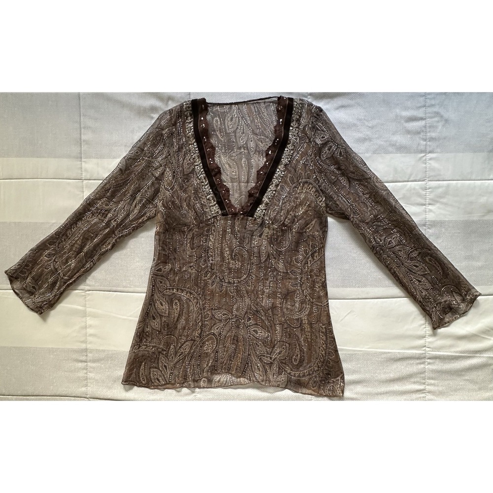 Y2K Bohemian Sheer Blouse Metallic Thread Deep V Velvet Ribbon Trim Sequins READ - Picture 4 of 12